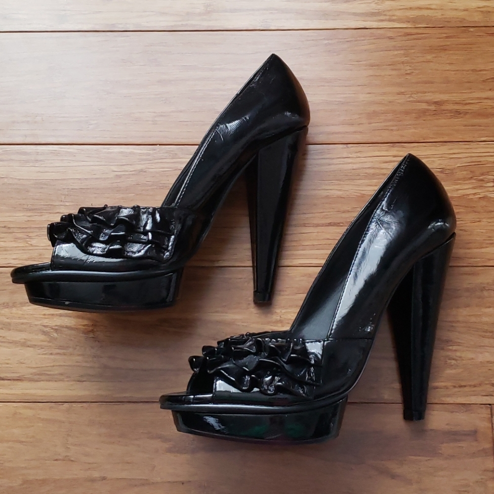 Black Patent Ruffle Peep Toe - Picture 3 of 8